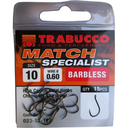 Trabucco Match Specialist szakáll nélküli horog 12, 15 db/csg