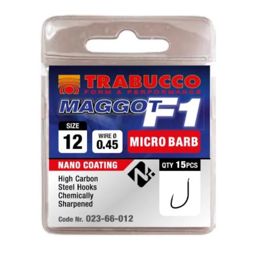 Trabucco F1 Maggot mikro szakállas horog, méret: 12