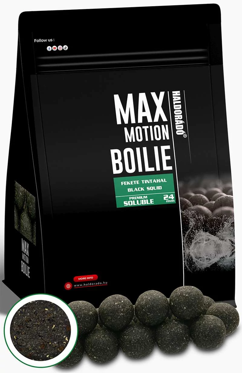 Haldorádó MAX MOTION Boilie Premium Soluble 24 mm - Fekete Tintahal 800g